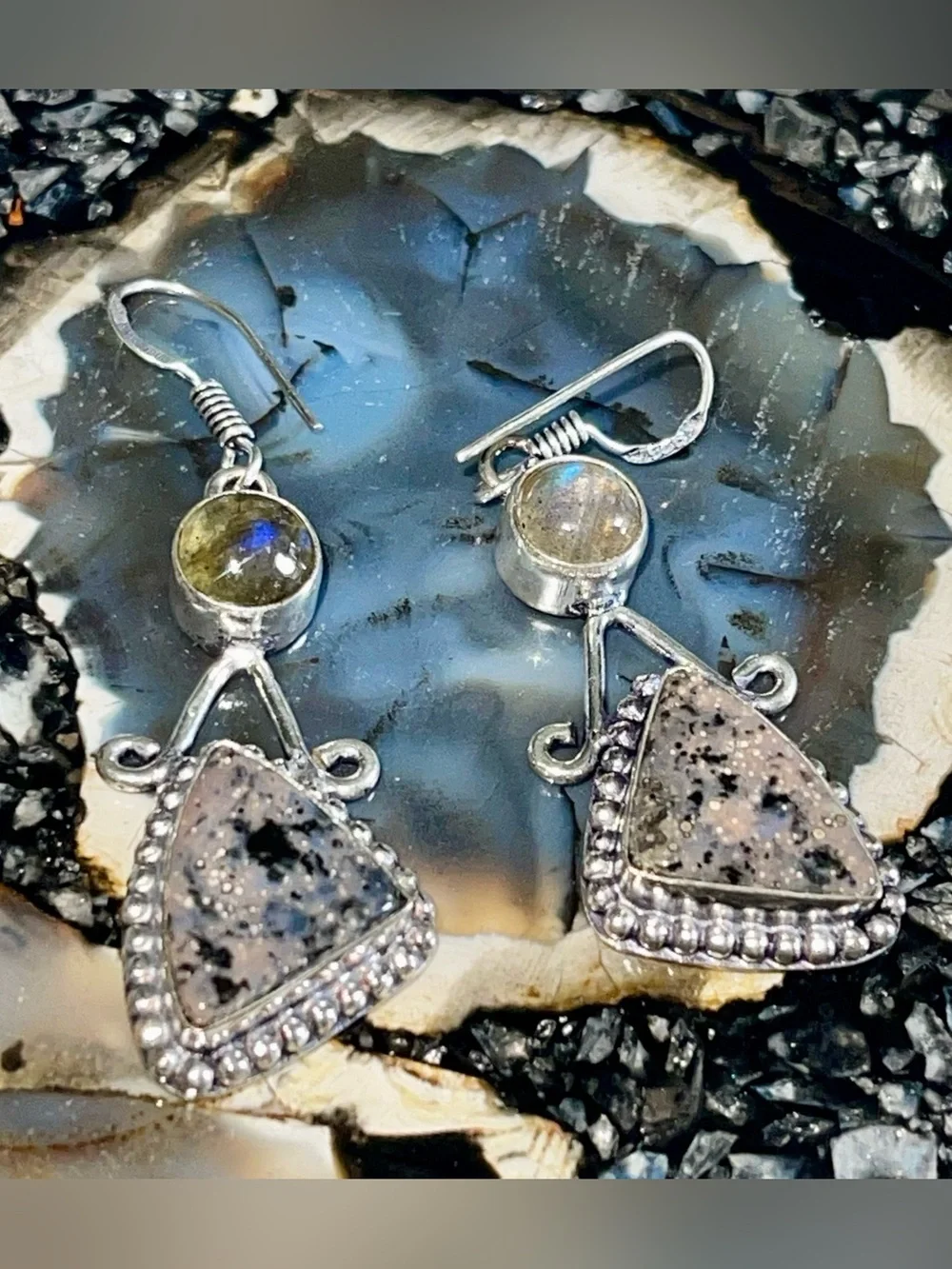 Honey Dendritic Agate & Labradorite Earrings 2 1/4”